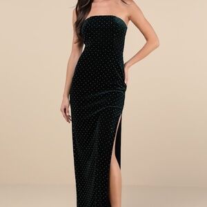 Lulus Dreamy Choice Dark Green Rhinestone Strapless Maxi Dress - Size S